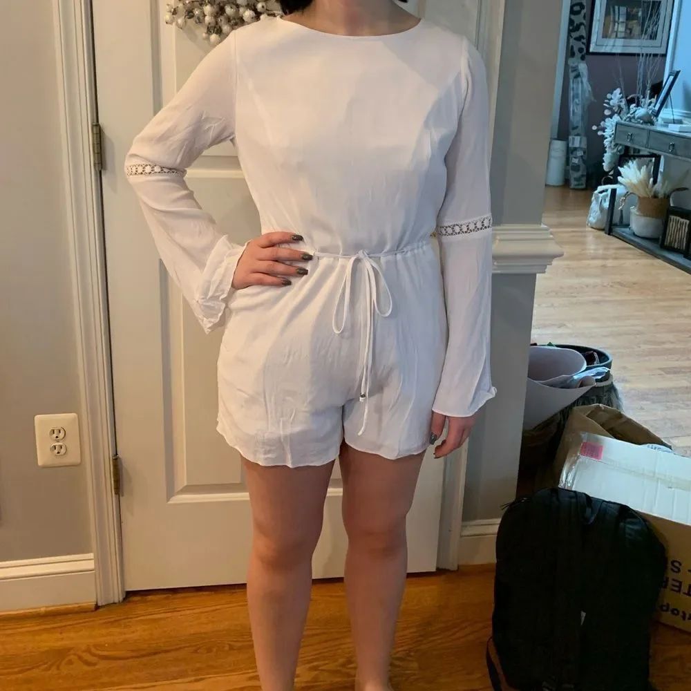 Guess Long Sleeve White Open Back Romper sz L